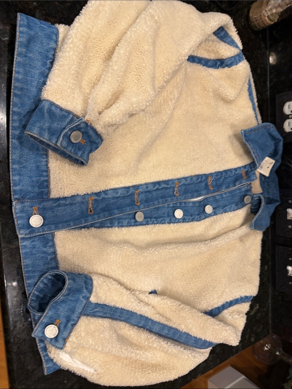Blank NYC Cream Sherpa Jacket with Blue Denim Trim